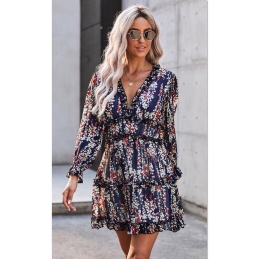 Floral Ruffle Tiered Mini Dress Open Back Long Sleeve Boho Chiffon NWT